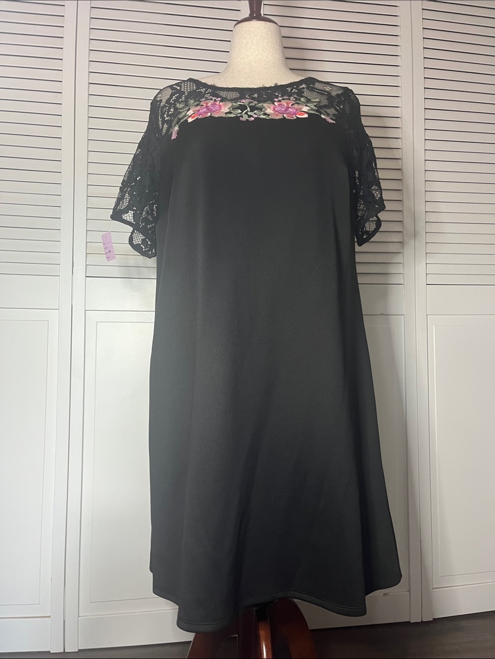 Luxology Black Midi Dress with Pink Floral Lace Yoke and Short Lace Sleeves
